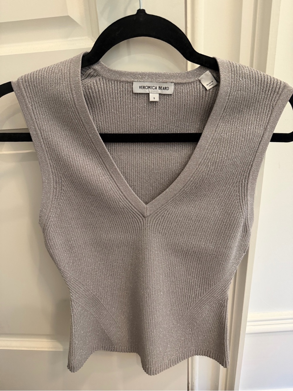 Veronica Beard Silver Gray Ribbed V-Neck Tank